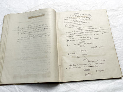 Late 19th  French play manuscript - open book with handwritten script in elegant penmanship