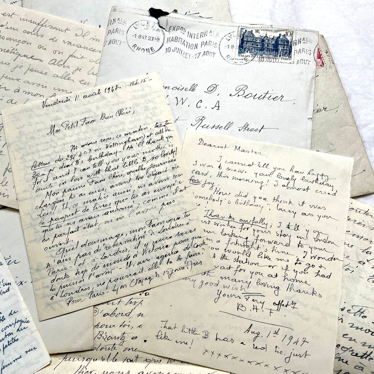 1940s French handwritten letters and envelopes with vintage stamps and postmarks, authentic paper ephemera.