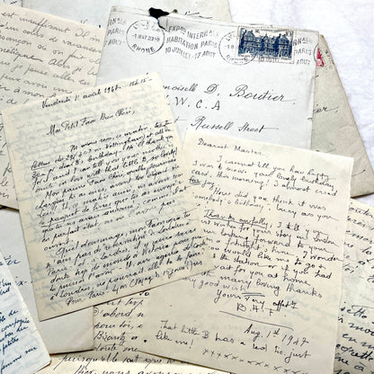1940s French handwritten letters and envelopes with vintage stamps and postmarks, authentic paper ephemera.