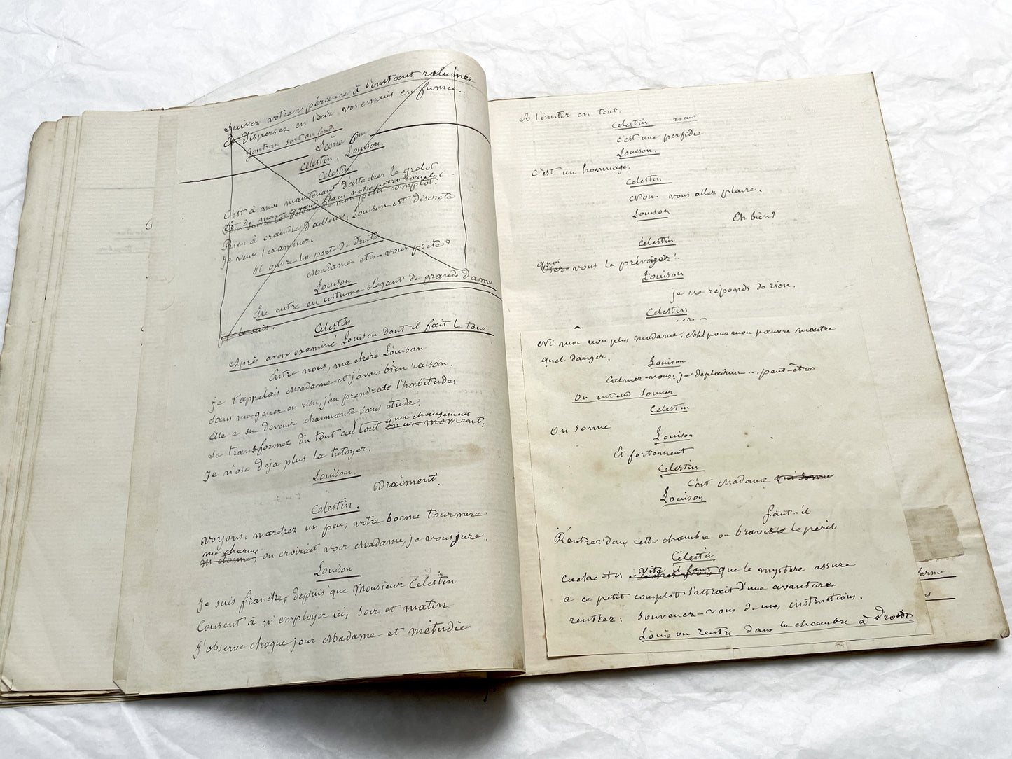 Late 19th  French play manuscript - open book with handwritten script in elegant penmanship