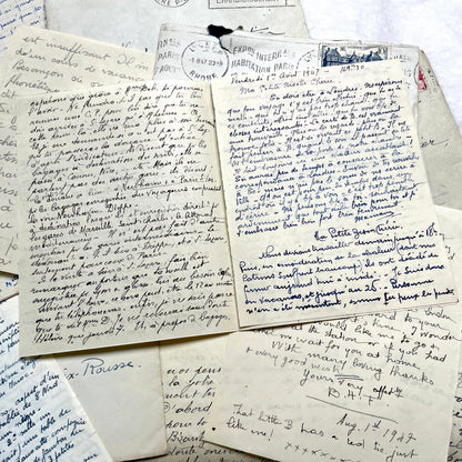 1940s French handwritten letters and envelopes with vintage stamps and postmarks, authentic paper ephemera.