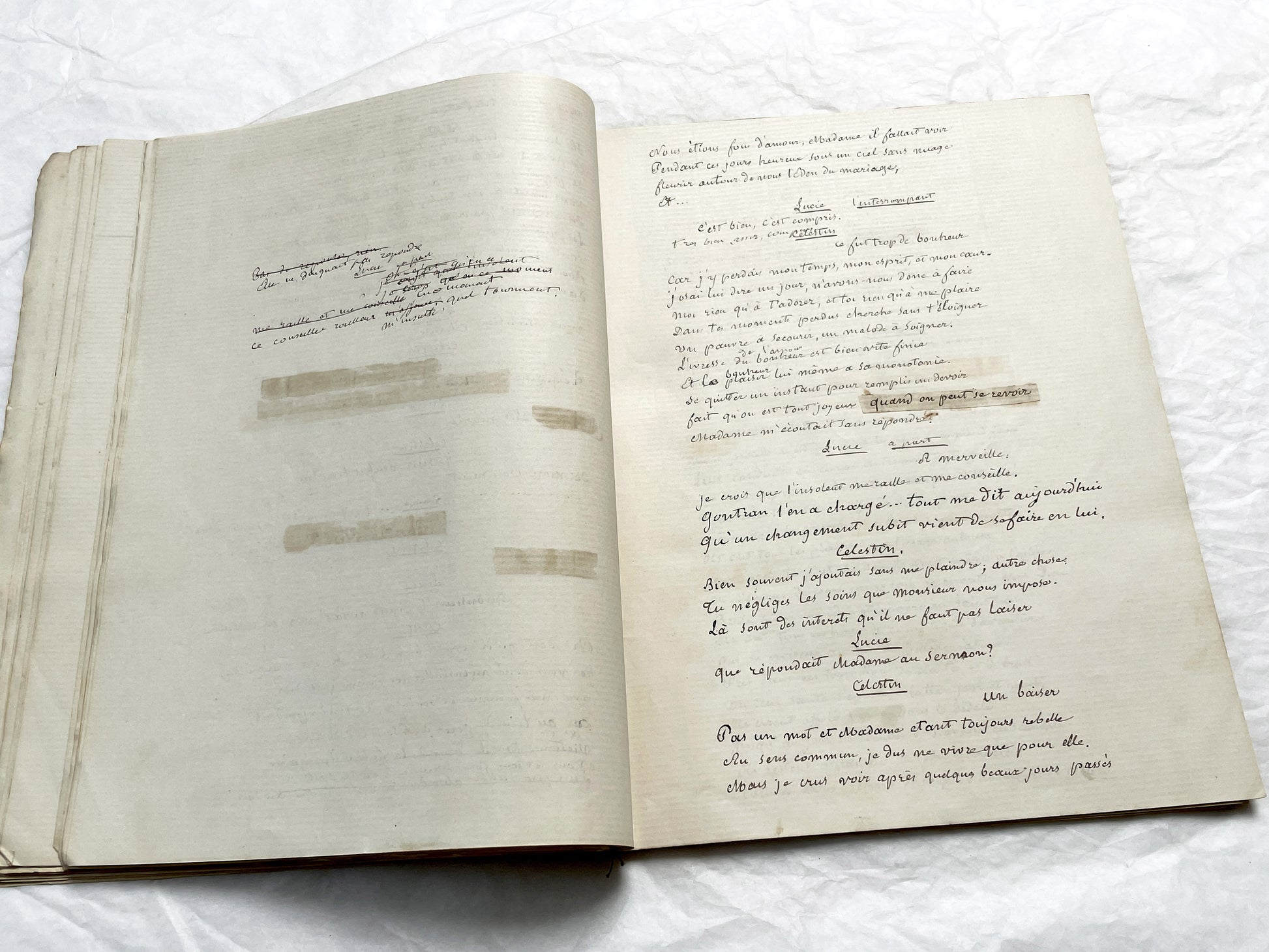 Late 19th  French play manuscript - open book with handwritten script in elegant penmanship