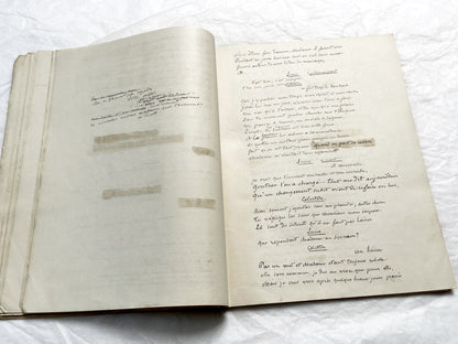 Late 19th  French play manuscript - open book with handwritten script in elegant penmanship
