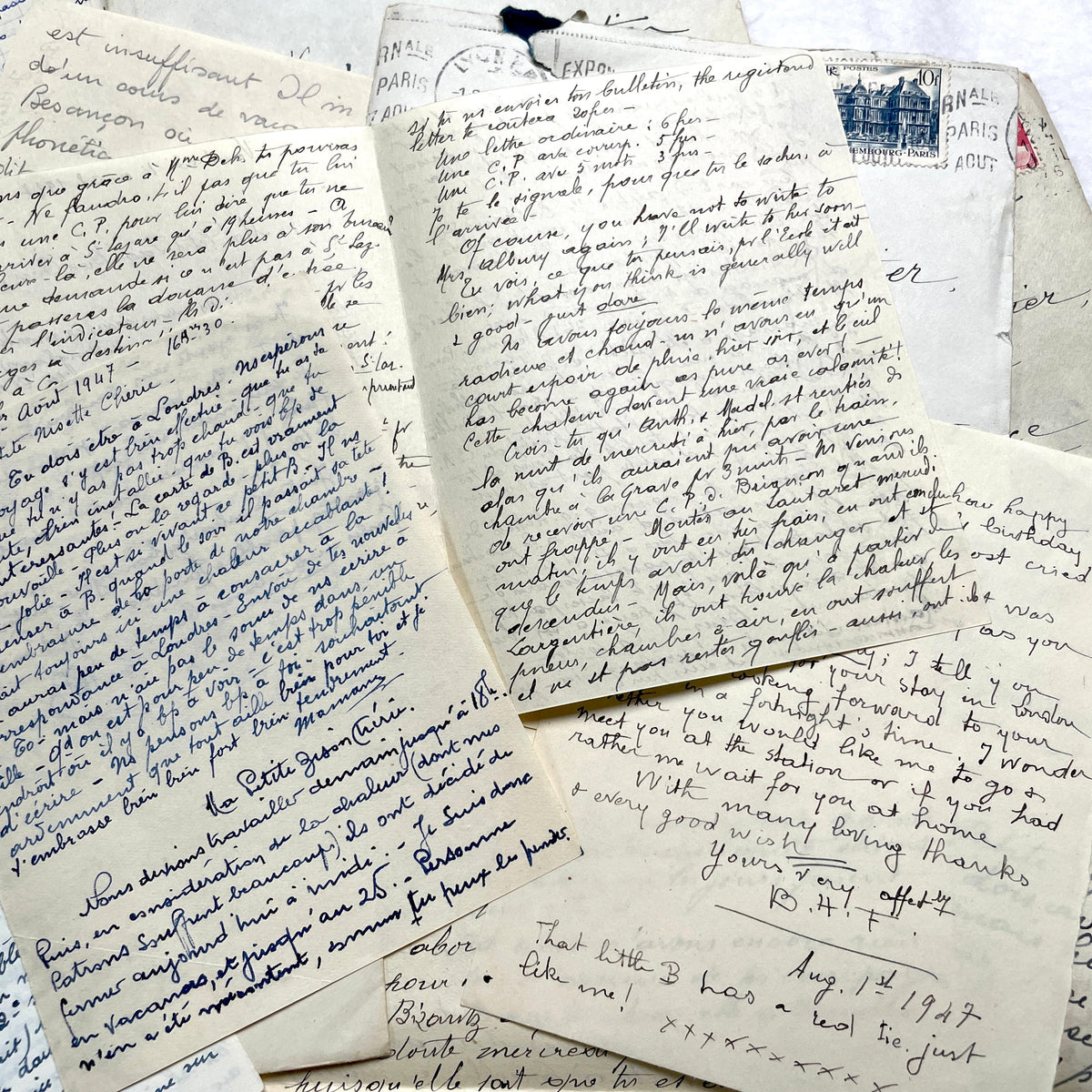 1940s French handwritten letters and envelopes with vintage stamps and postmarks, authentic paper ephemera.