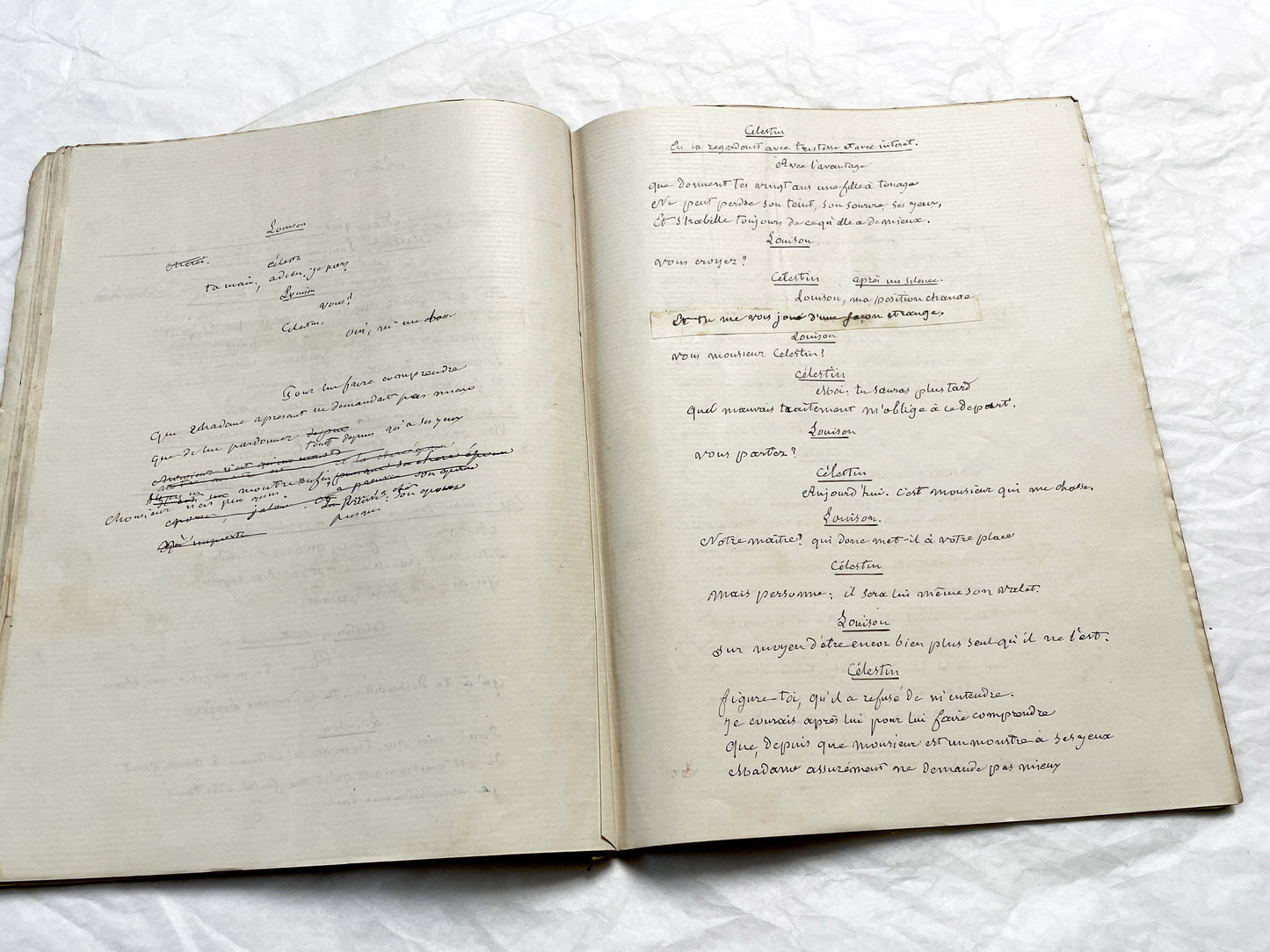 Late 19th  French play manuscript - open book with handwritten script in elegant penmanship
