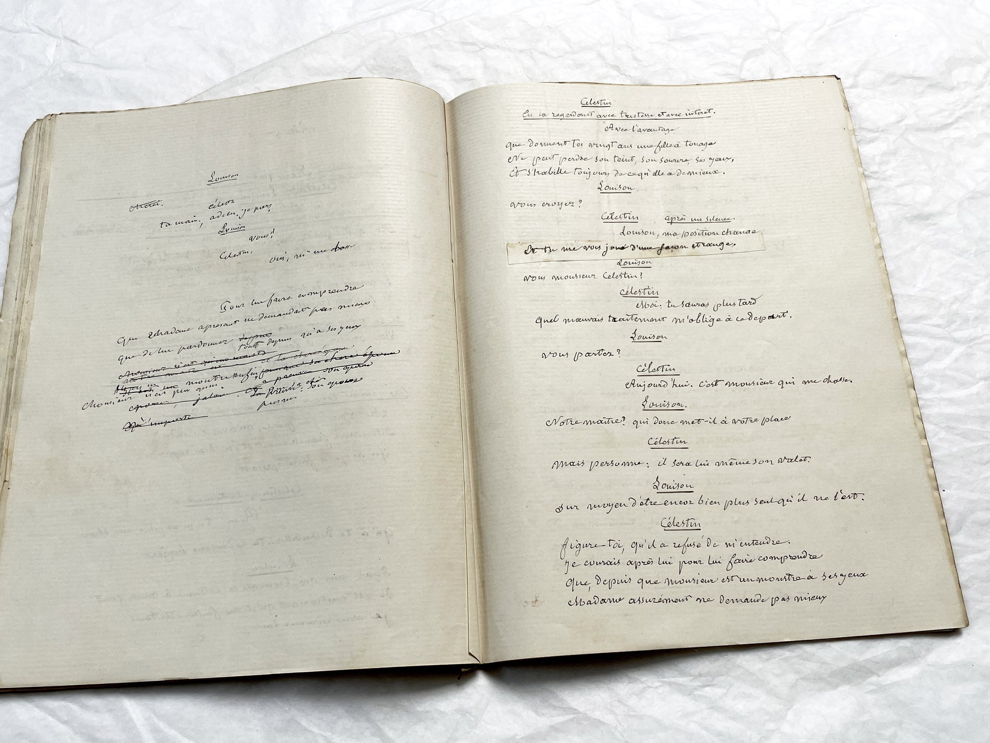 Late 19th  French play manuscript - open book with handwritten script in elegant penmanship