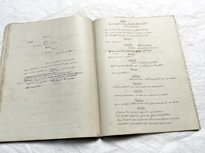 Late 19th  French play manuscript - open book with handwritten script in elegant penmanship