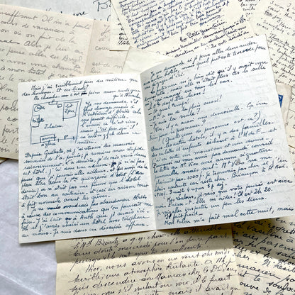 1940s French handwritten letters and envelopes with vintage stamps and postmarks, authentic paper ephemera.