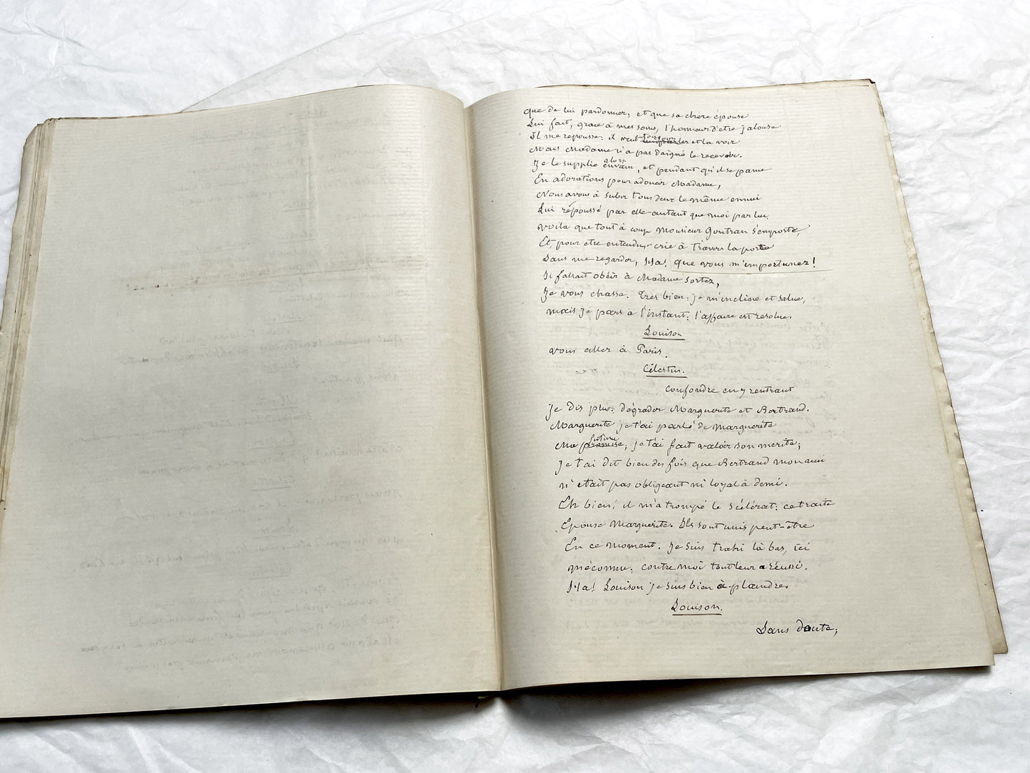 Late 19th  French play manuscript - open book with handwritten script in elegant penmanship