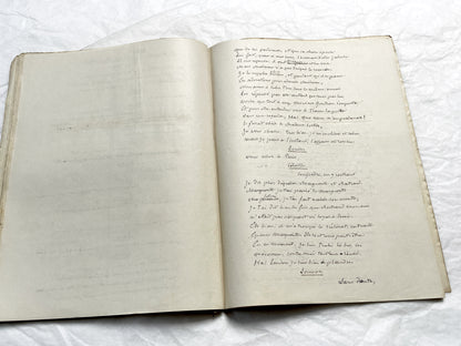 Late 19th  French play manuscript - open book with handwritten script in elegant penmanship