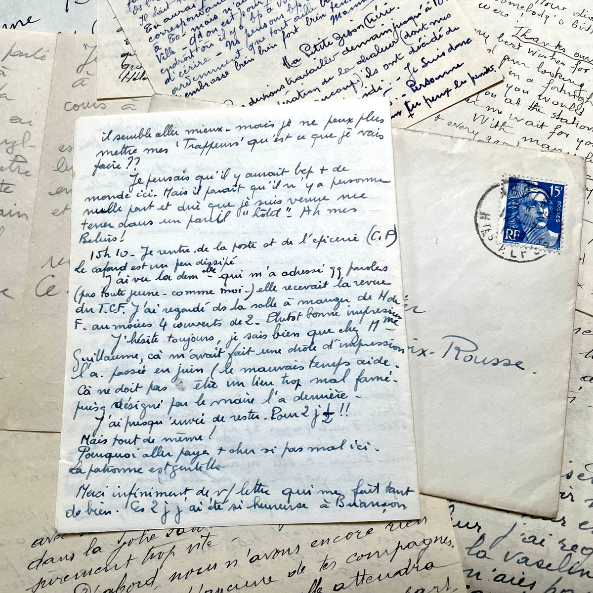 1940s French handwritten letters and envelopes with vintage stamps and postmarks, authentic paper ephemera.