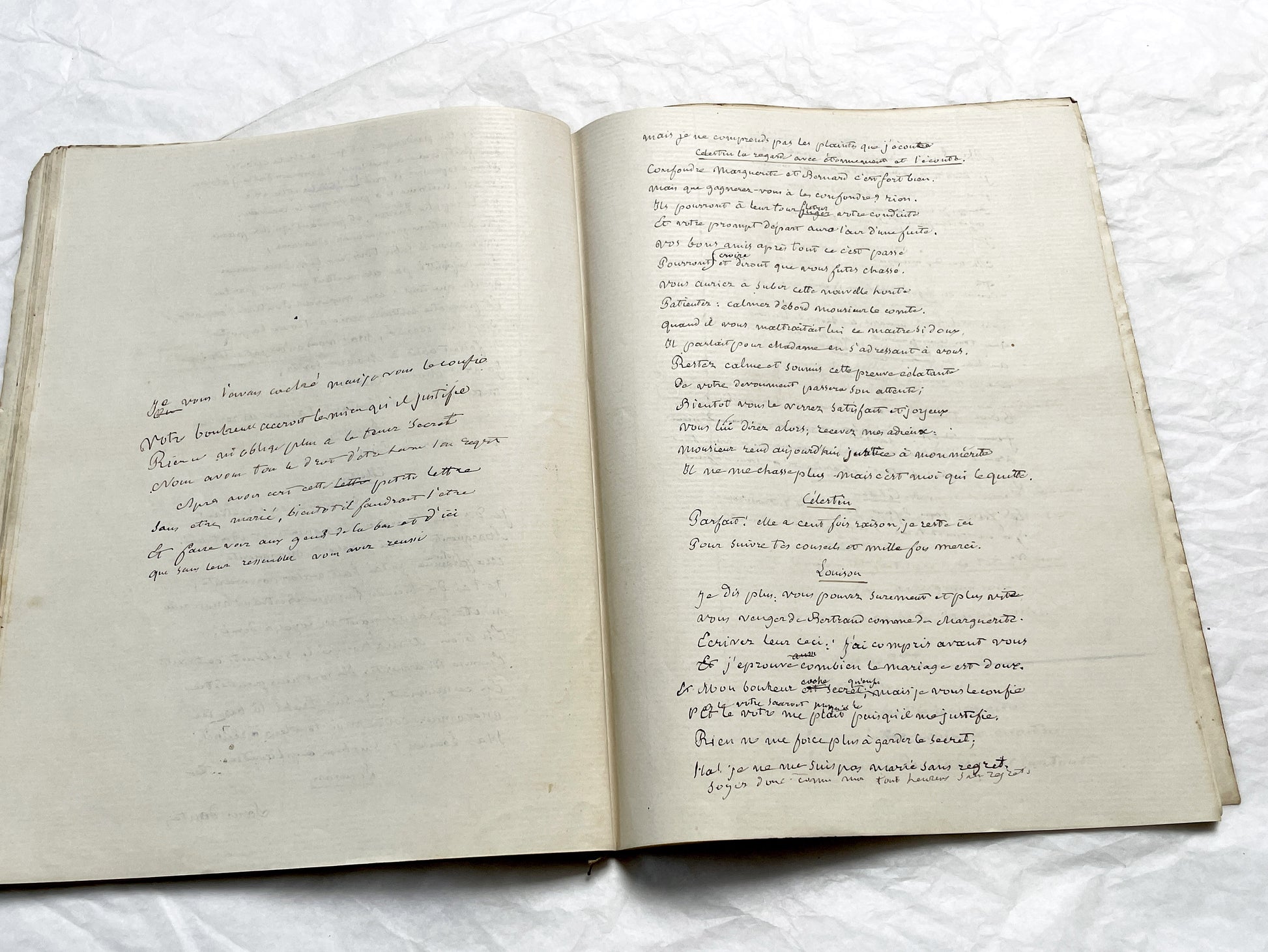Late 19th  French play manuscript - open book with handwritten script in elegant penmanship