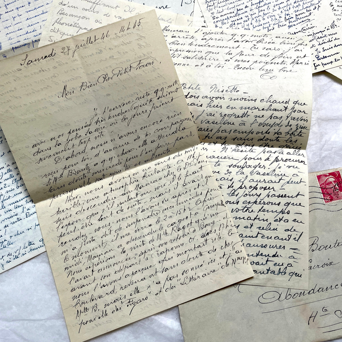 1940s French handwritten letters and envelopes with vintage stamps and postmarks, authentic paper ephemera.