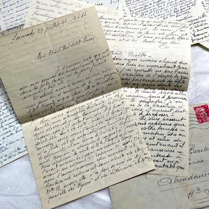 1940s French handwritten letters and envelopes with vintage stamps and postmarks, authentic paper ephemera.