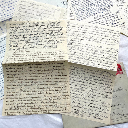 1940s French handwritten letters and envelopes with vintage stamps and postmarks, authentic paper ephemera.