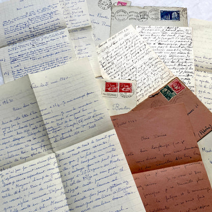 Set of 1940s vintage French letters with envelopes, featuring handwritten text, original stamps, and postmarks.