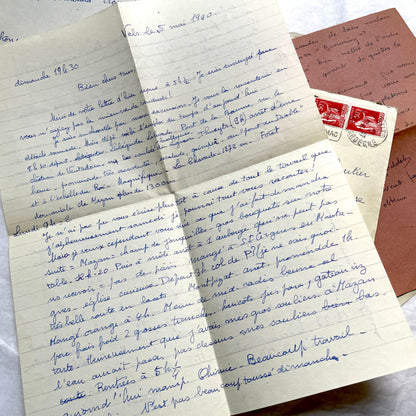 Set of 1940s vintage French letters with envelopes, featuring handwritten text, original stamps, and postmarks.
