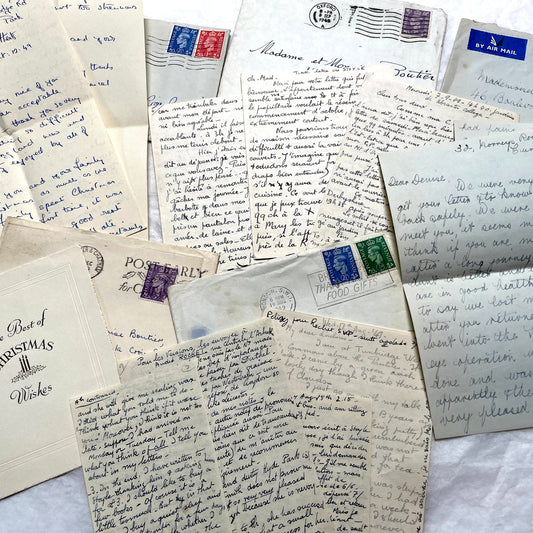 1940s set of 5 vintage handwritten letters and envelopes in English and French, featuring postage stamps.