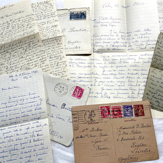 1940s French handwritten letters set with original envelopes and vintage stamps, showing historical correspondence.
