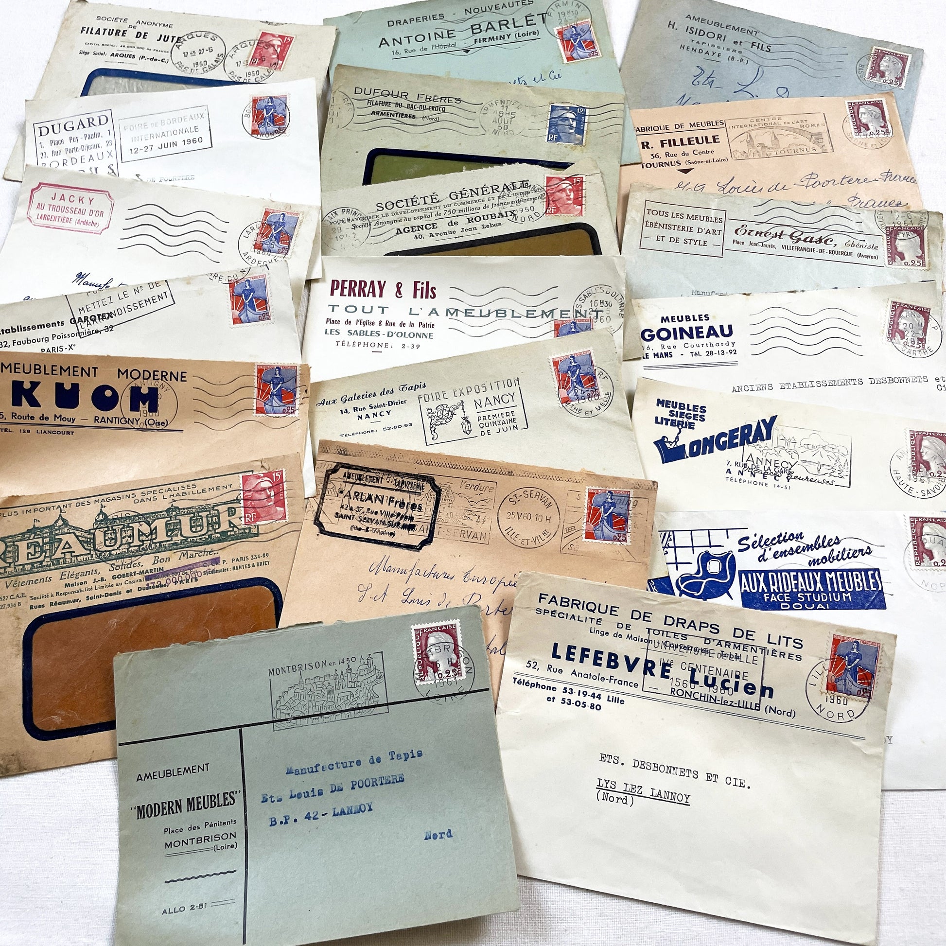 1950s - Lot of 20 Vintage French Business Envelopes – 1950s/1960s Ephemera for Junk Journals, Collage & Paper Crafts
