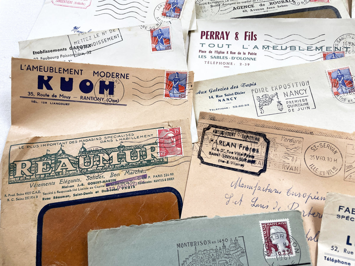 1950s - Lot of 20 Vintage French Business Envelopes – 1950s/1960s Ephemera for Junk Journals, Collage & Paper Crafts