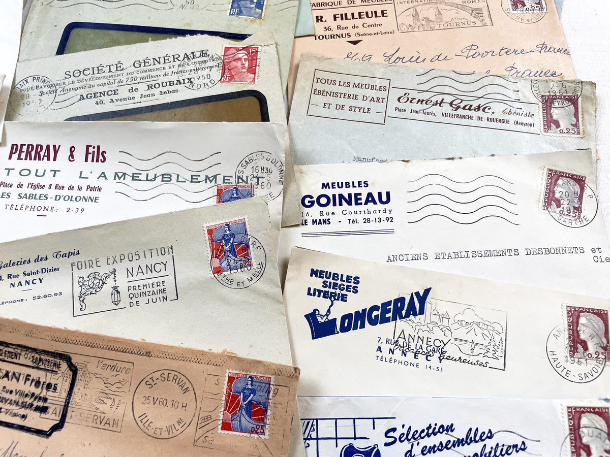 1950s - Lot of 20 Vintage French Business Envelopes – 1950s/1960s Ephemera for Junk Journals, Collage & Paper Crafts