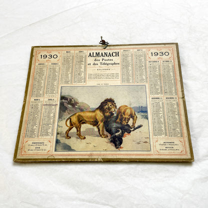 1930s - Vintage French Almanac Calendar - Postal & Telegraph Services - Lion and Lioness Illustration - Historical Document - Collectible