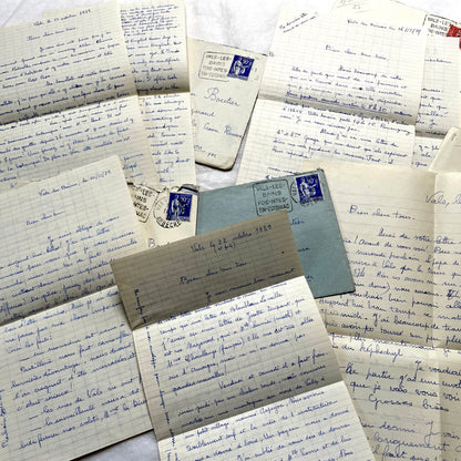 Set of 5 1930s handwritten French letters and envelopes with postage stamps from Vals-les-Bains, France.