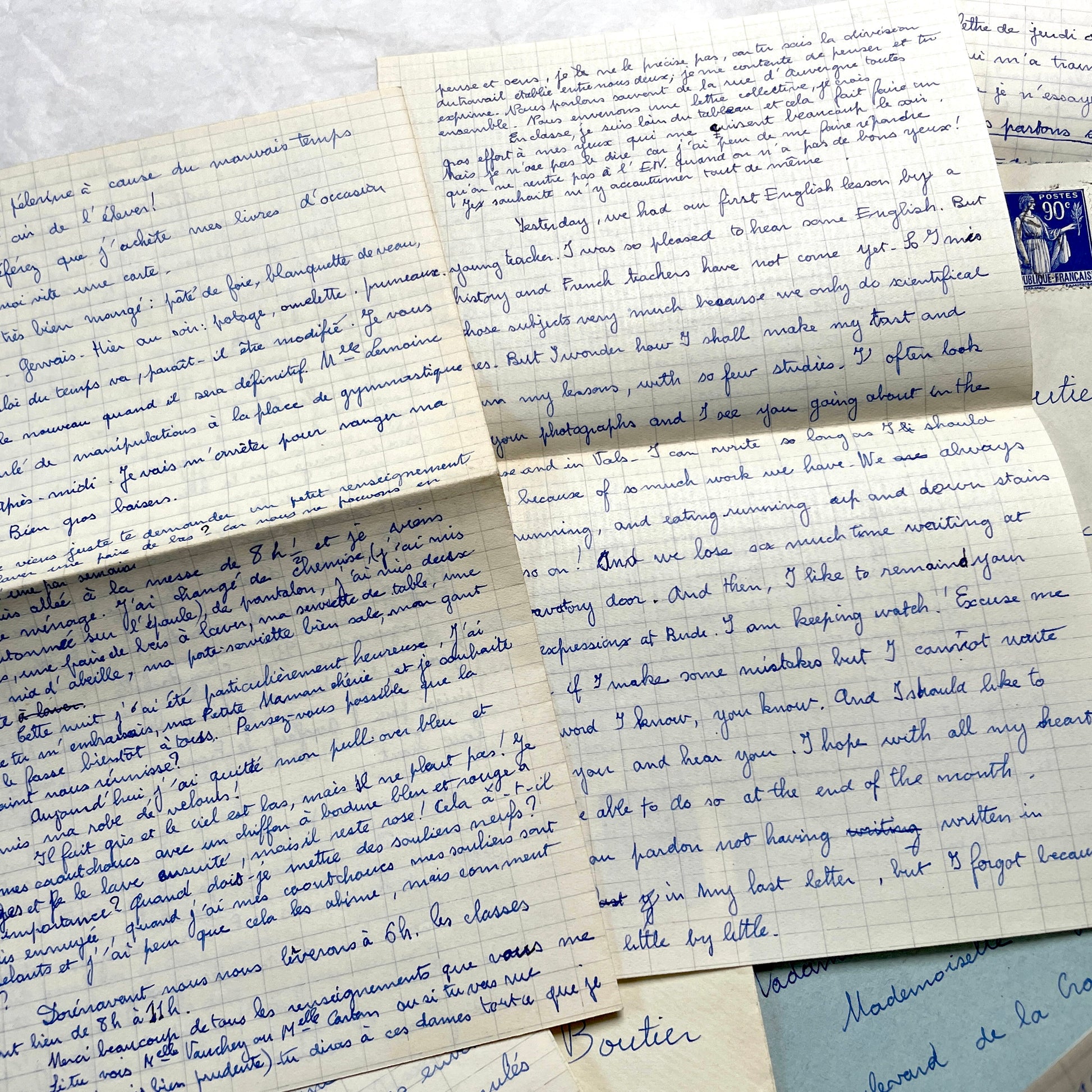 Set of 5 1930s handwritten French letters and envelopes with postage stamps from Vals-les-Bains, France.