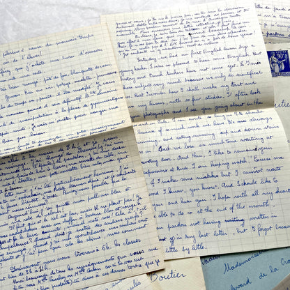 Set of 5 1930s handwritten French letters and envelopes with postage stamps from Vals-les-Bains, France.