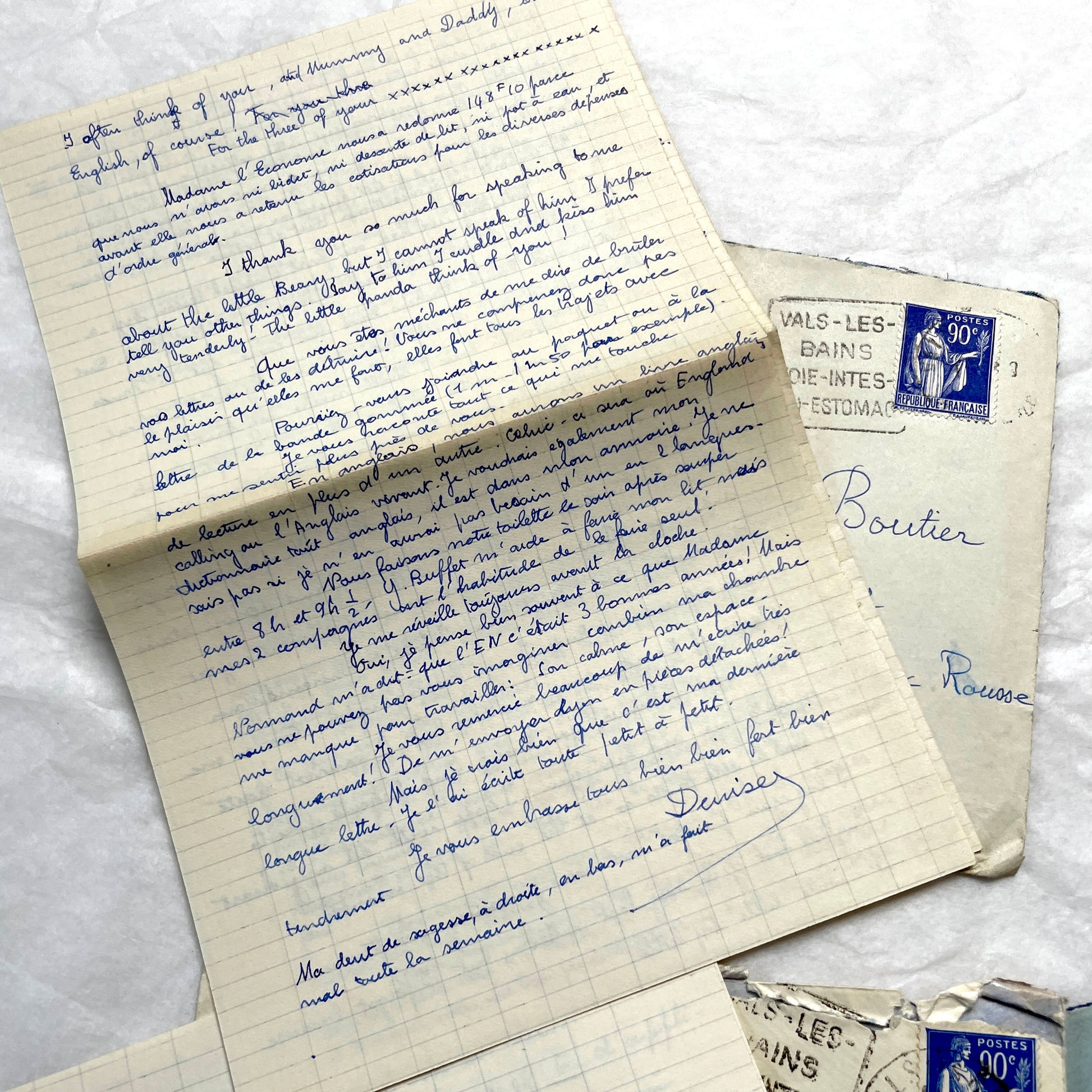 Set of 5 1930s handwritten French letters and envelopes with postage stamps from Vals-les-Bains, France.