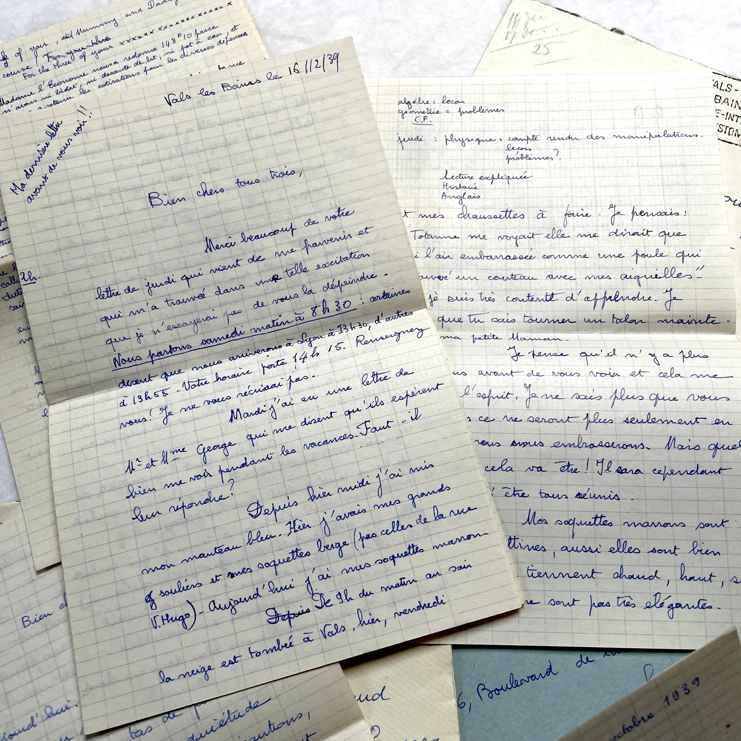 Set of 5 1930s handwritten French letters and envelopes with postage stamps from Vals-les-Bains, France.