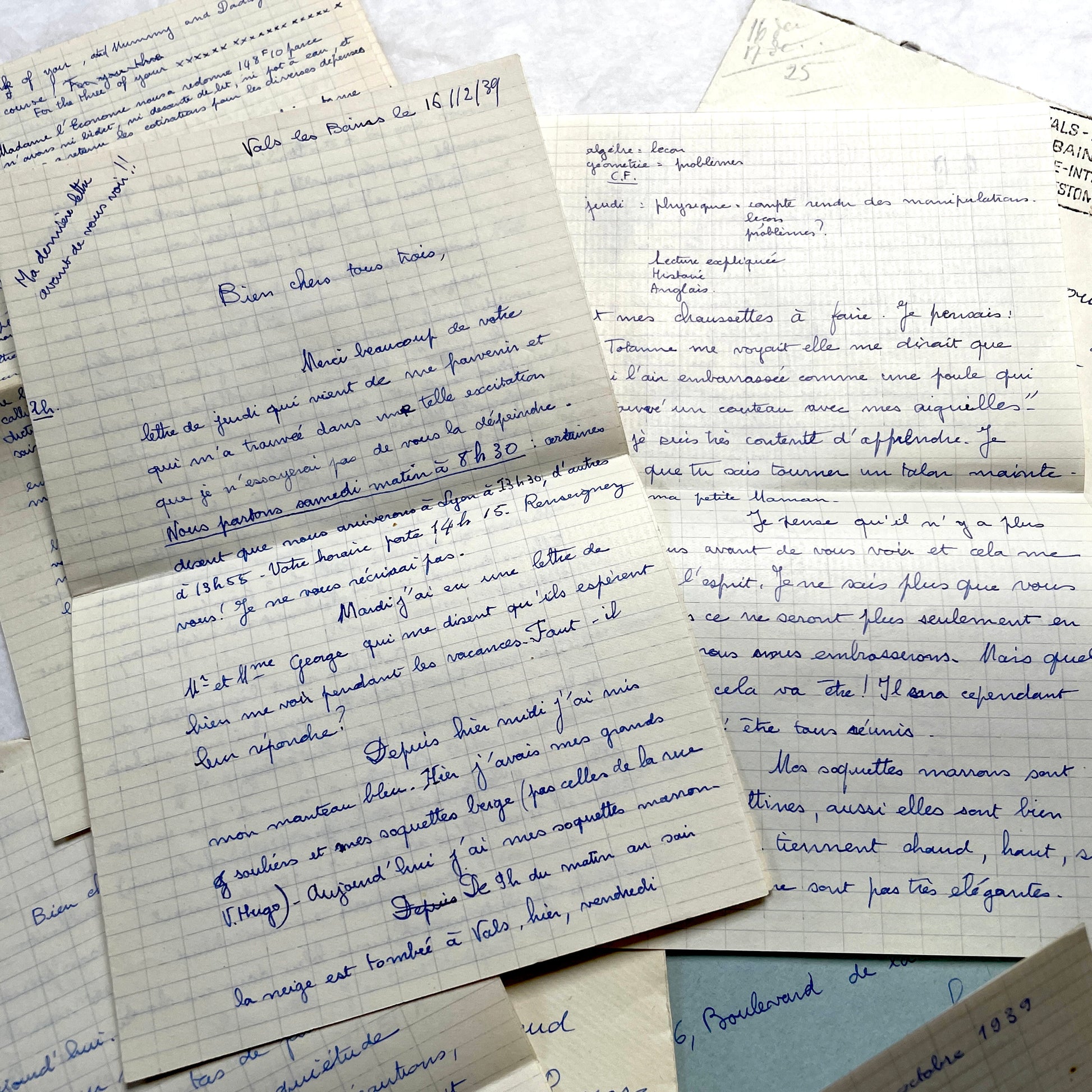 Set of 5 1930s handwritten French letters and envelopes with postage stamps from Vals-les-Bains, France.