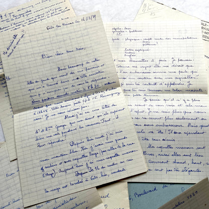 Set of 5 1930s handwritten French letters and envelopes with postage stamps from Vals-les-Bains, France.