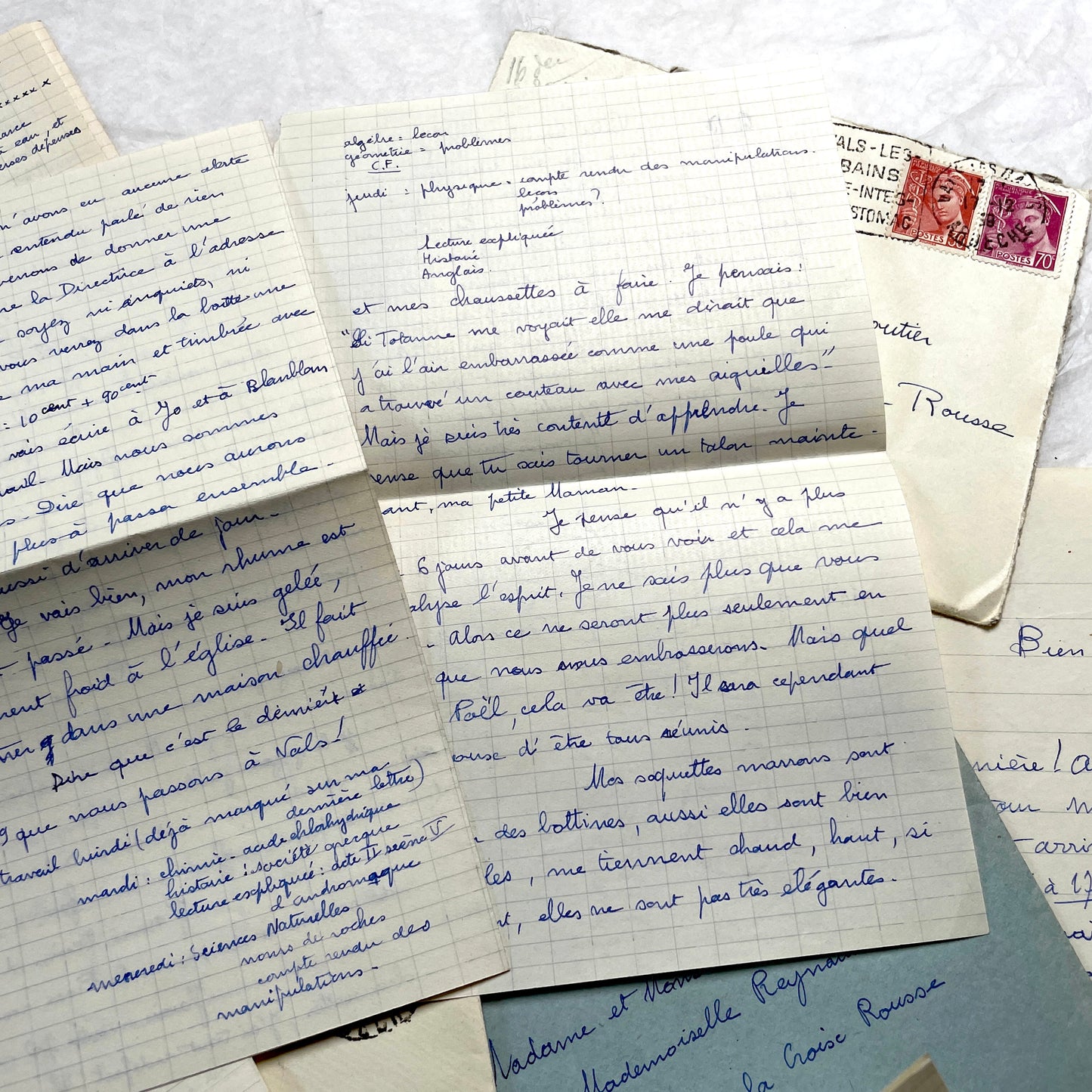 Set of 5 1930s handwritten French letters and envelopes with postage stamps from Vals-les-Bains, France.