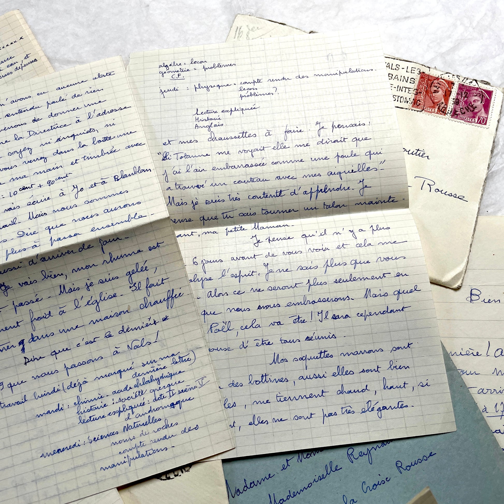 Set of 5 1930s handwritten French letters and envelopes with postage stamps from Vals-les-Bains, France.