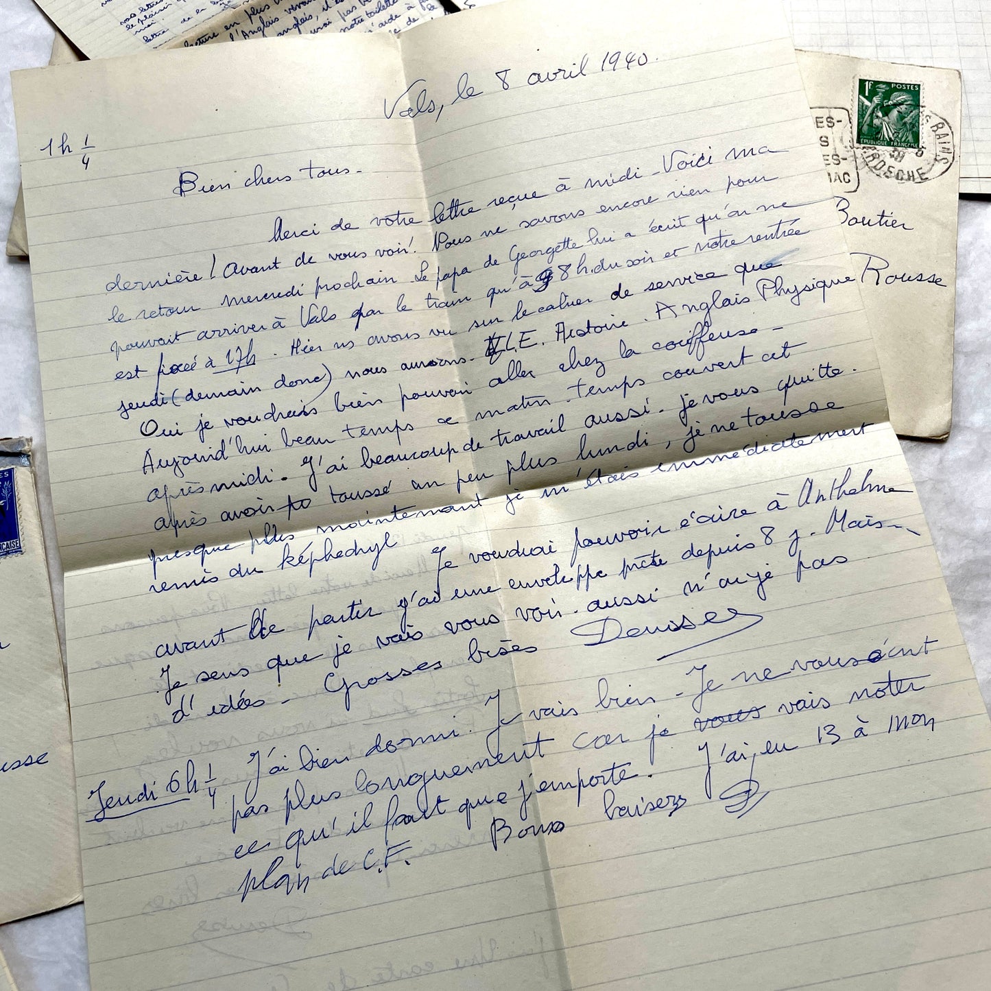 Set of 5 1930s handwritten French letters and envelopes with postage stamps from Vals-les-Bains, France.