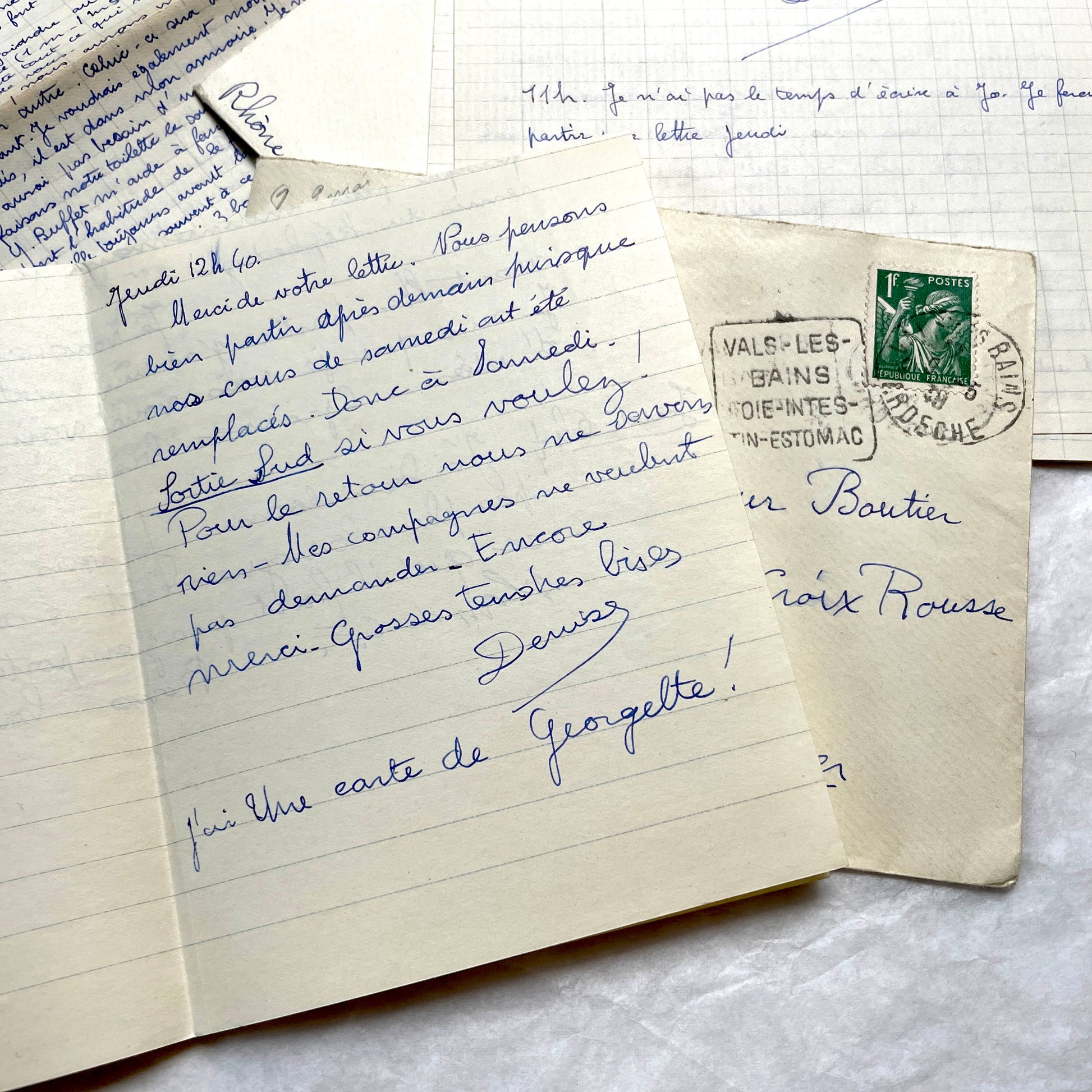 Set of 5 1930s handwritten French letters and envelopes with postage stamps from Vals-les-Bains, France.