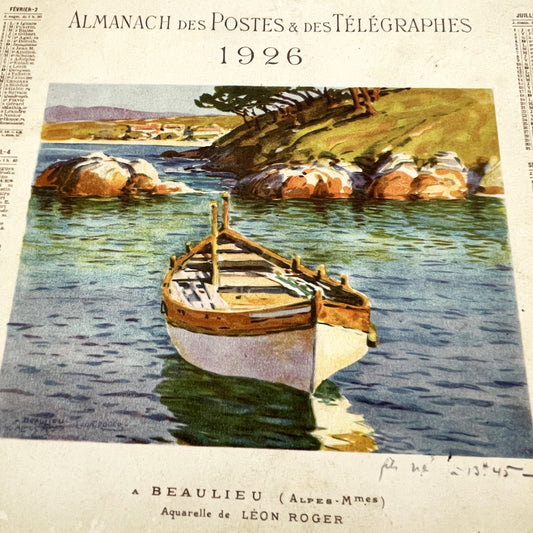 1920s - French Post & Telegraph Almanac 1926 - Vintage Calendar - Coastal Scene Beaulieu - Léon Roger Watercolor Art - Historic Ephemera