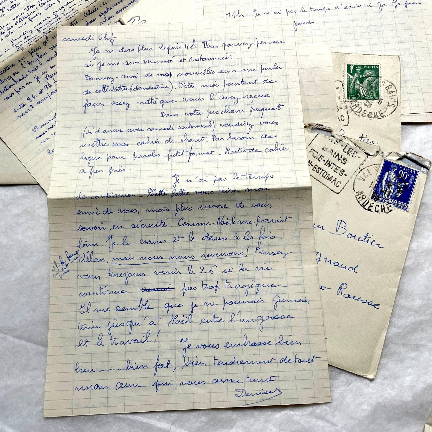 Set of 5 1930s handwritten French letters and envelopes with postage stamps from Vals-les-Bains, France.