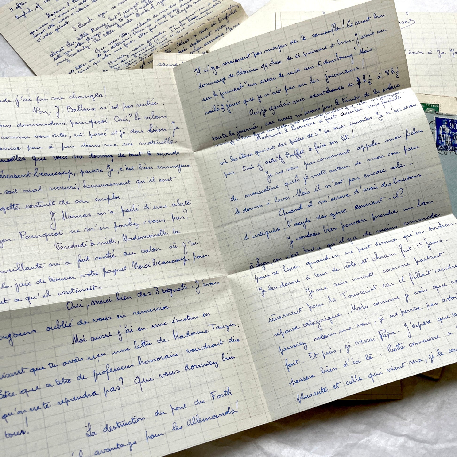 Set of 5 1930s handwritten French letters and envelopes with postage stamps from Vals-les-Bains, France.