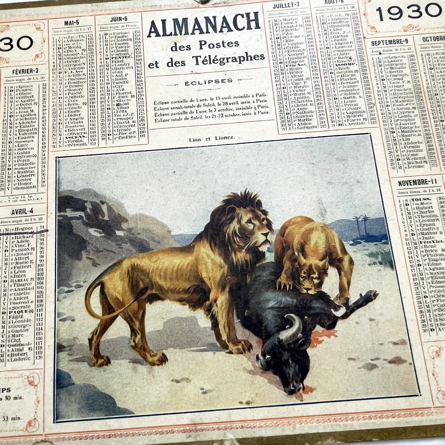 1930s - Vintage French Almanac Calendar - Postal & Telegraph Services - Lion and Lioness Illustration - Historical Document - Collectible