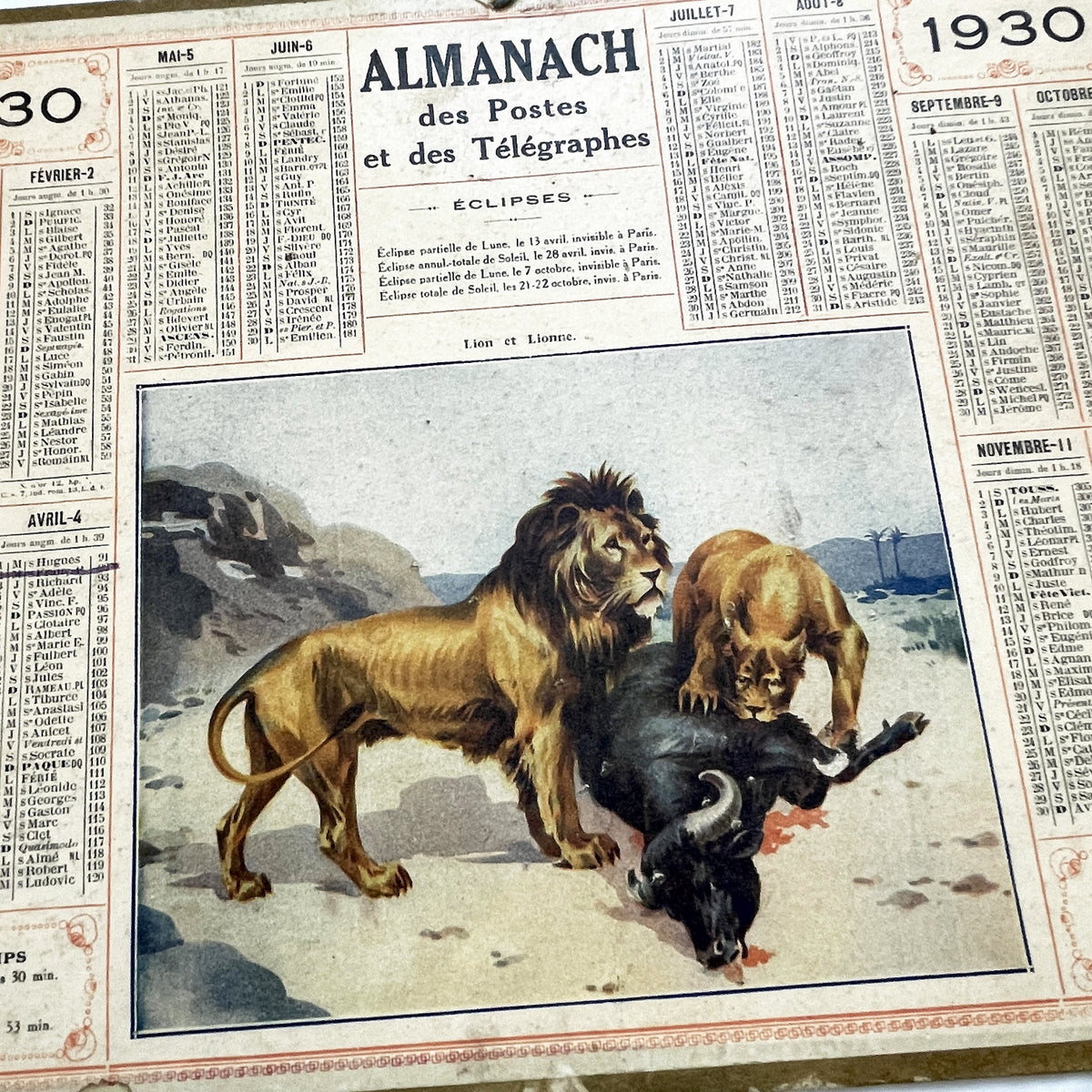 1930s - Vintage French Almanac Calendar - Postal & Telegraph Services - Lion and Lioness Illustration - Historical Document - Collectible