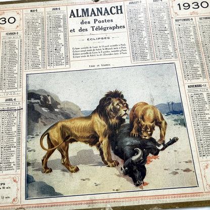 1930s - Vintage French Almanac Calendar - Postal & Telegraph Services - Lion and Lioness Illustration - Historical Document - Collectible