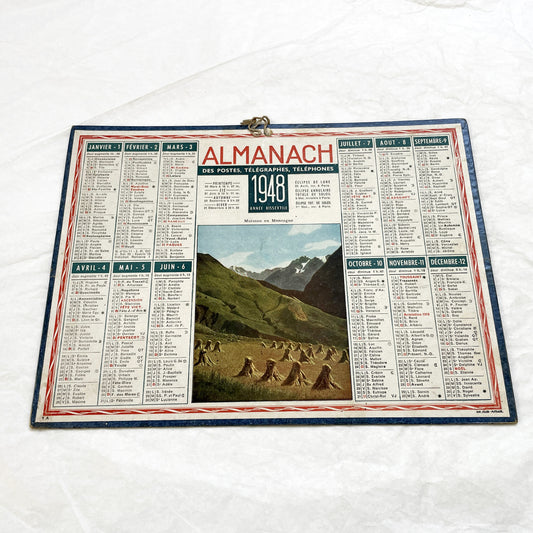 1940s - Vintage French 1948 Almanac Calendar Des Postes, Télégraphes, Téléphones - Mountain Harvest Scene - Saints - Astronomy - Historical