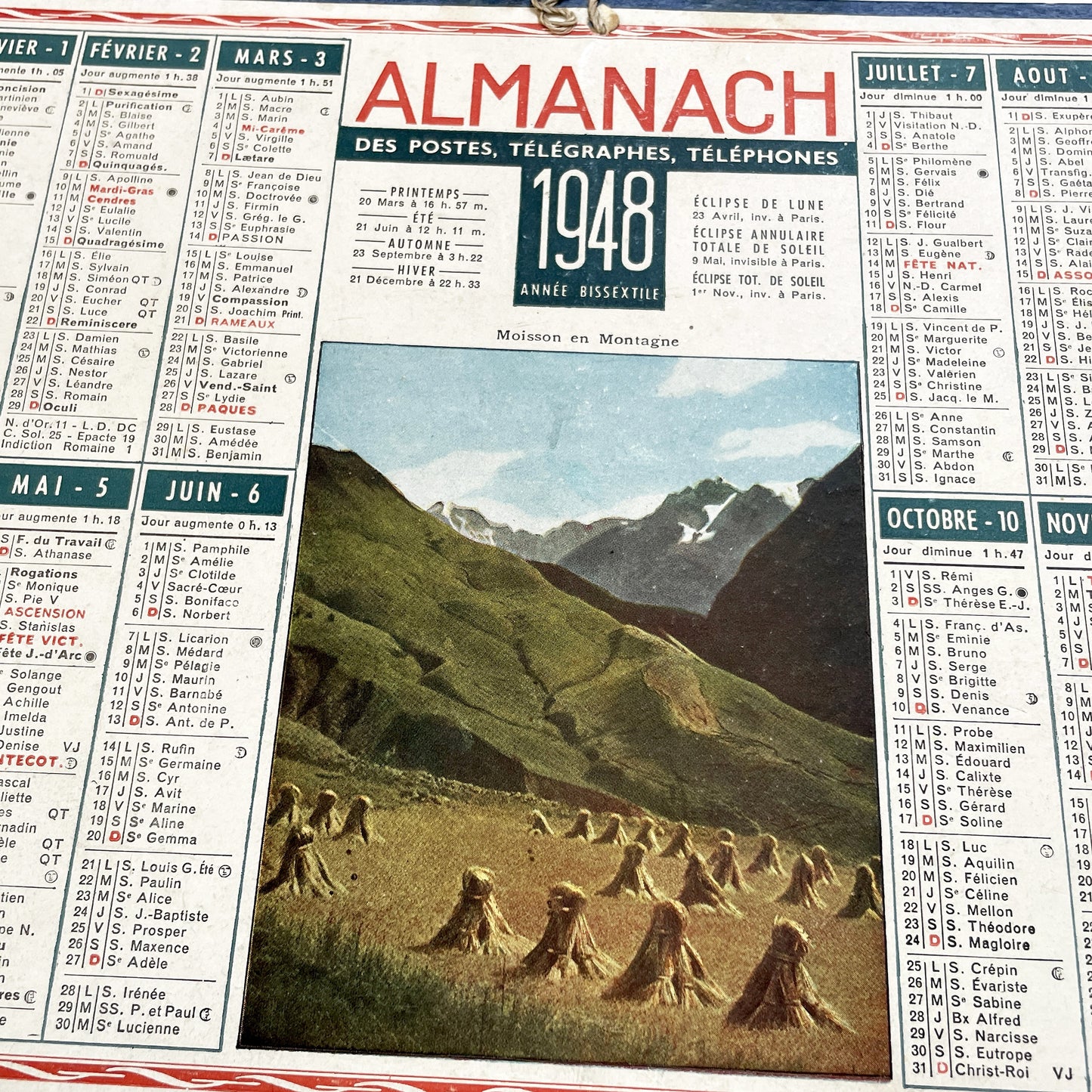 1940s - Vintage French 1948 Almanac Calendar Des Postes, Télégraphes, Téléphones - Mountain Harvest Scene - Saints - Astronomy - Historical