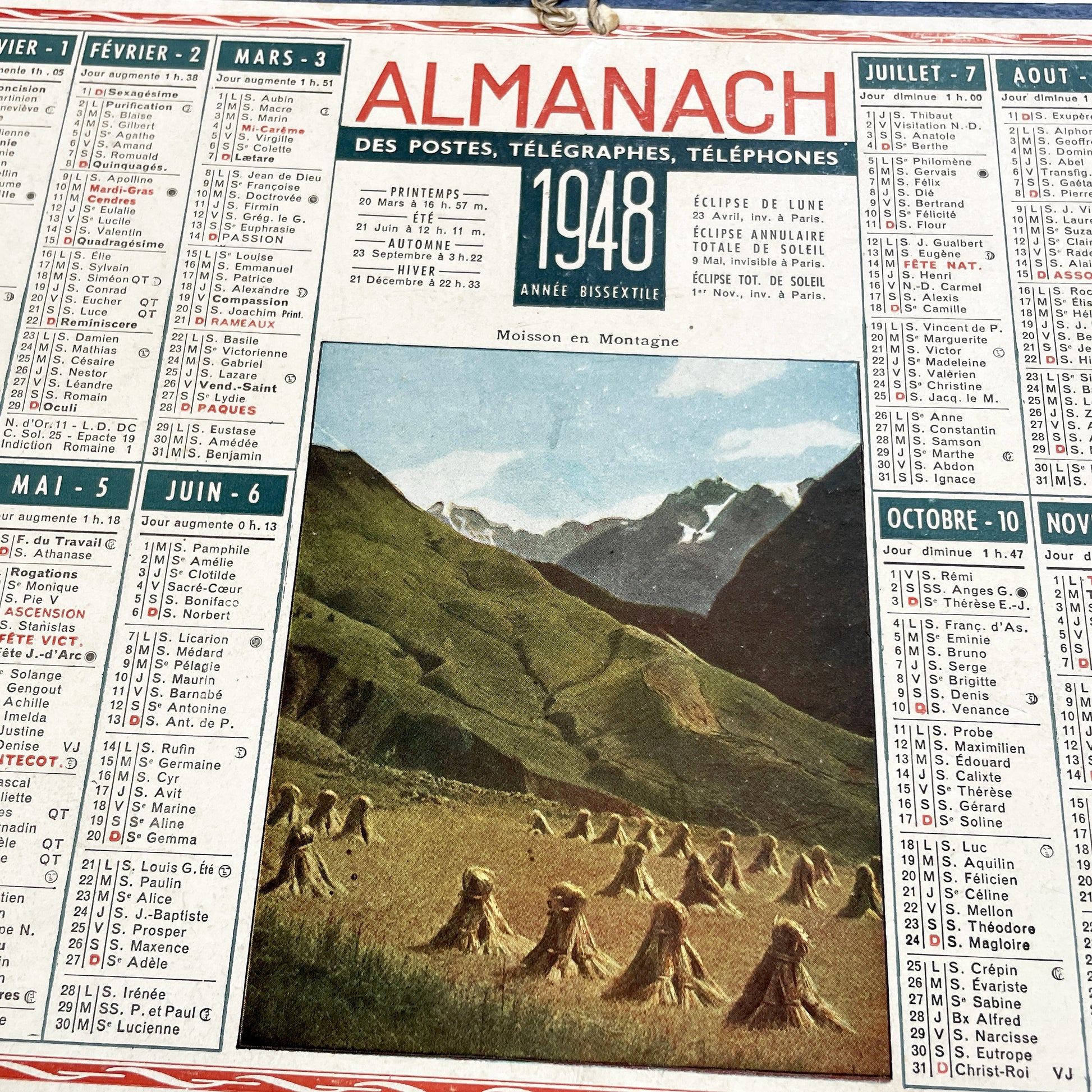 1940s - Vintage French 1948 Almanac Calendar Des Postes, Télégraphes, Téléphones - Mountain Harvest Scene - Saints - Astronomy - Historical