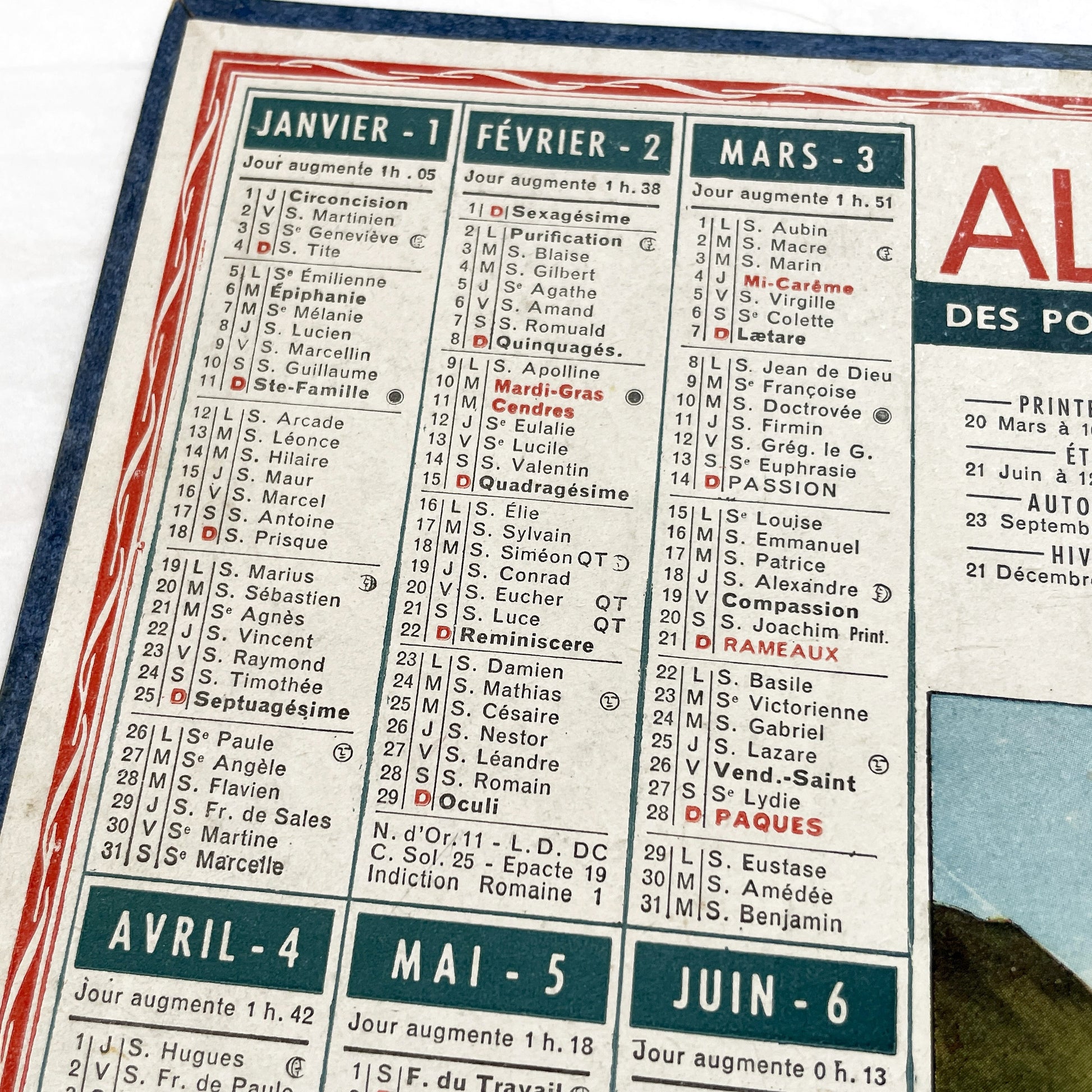 1940s - Vintage French 1948 Almanac Calendar Des Postes, Télégraphes, Téléphones - Mountain Harvest Scene - Saints - Astronomy - Historical