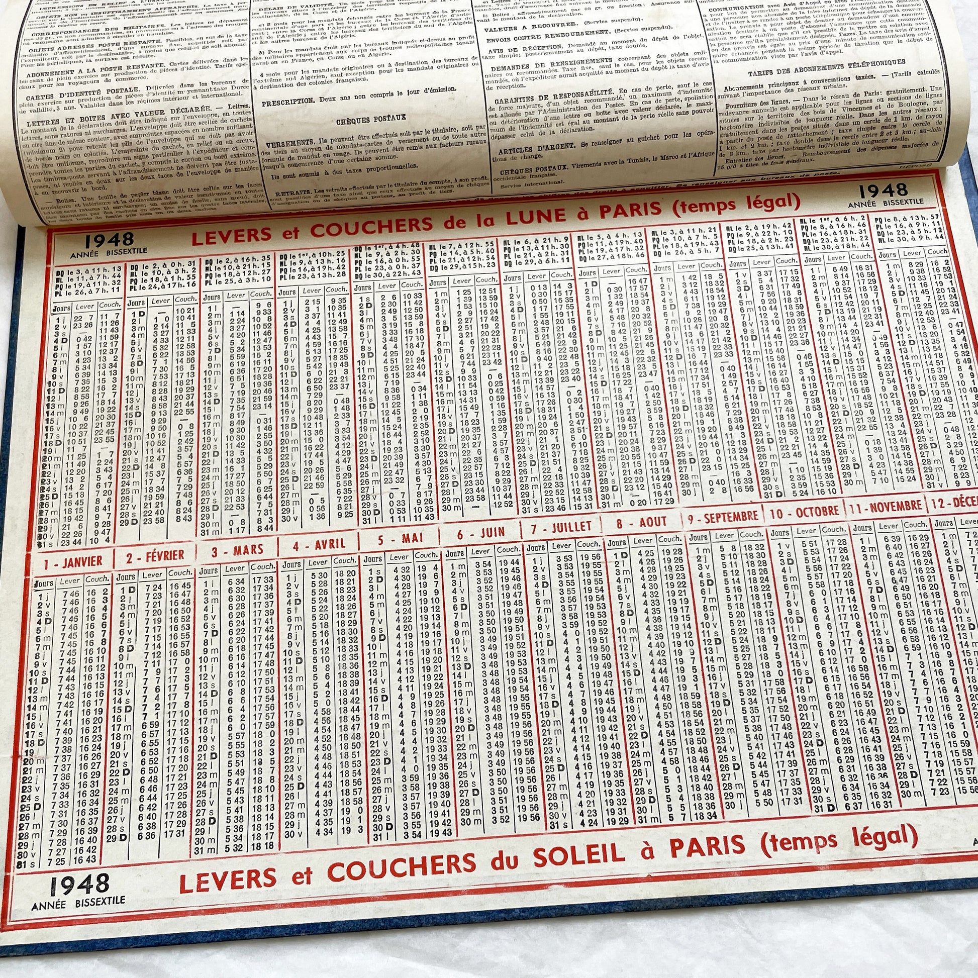 1940s - Vintage French 1948 Almanac Calendar Des Postes, Télégraphes, Téléphones - Mountain Harvest Scene - Saints - Astronomy - Historical