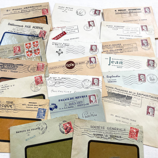 1950s - Lot of 20 Vintage French Business Envelopes – 1950s/1960s Ephemera for Junk Journals, Collage & Paper Crafts